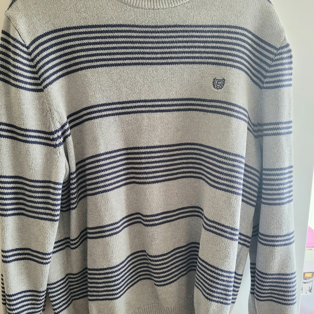 Chaps Cream and Navy Blue Striped Crewneck Sweater